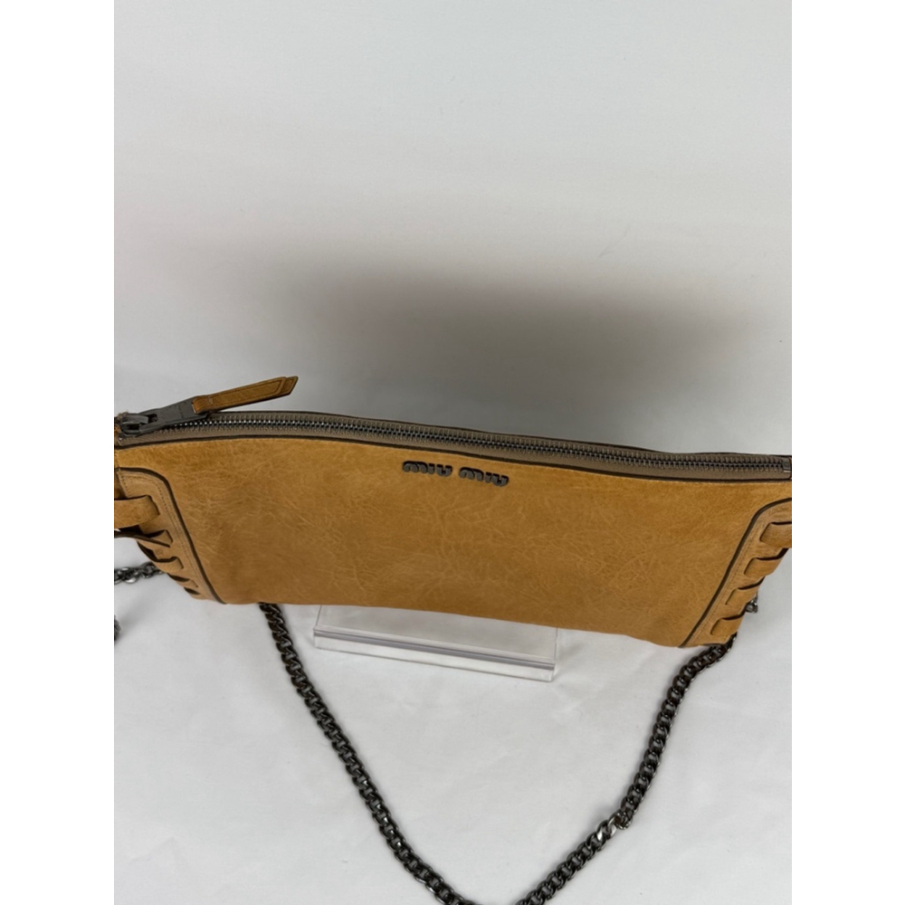 Women's Authentic Miu Miu Tan Leather Clutch Chain Crossbody Bag Metal Braided - Picture 5 of 11